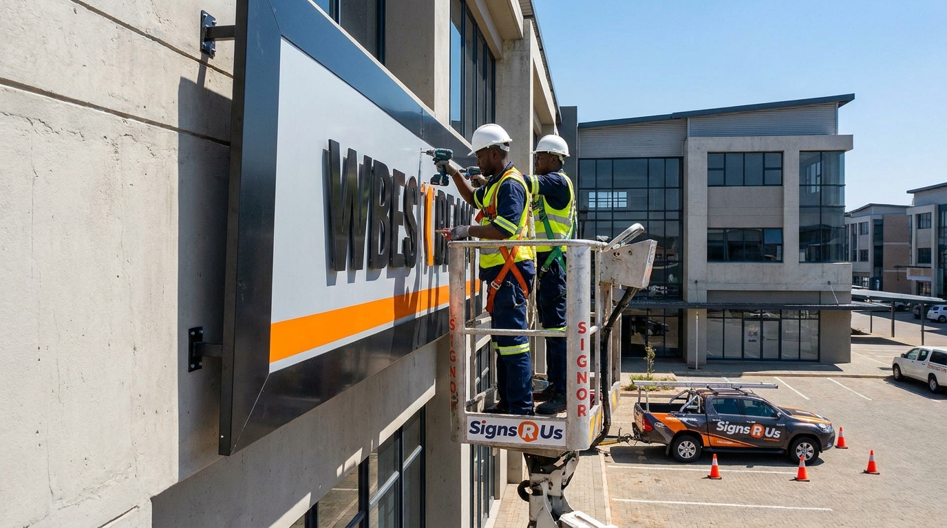 Signage installation crew mounting a large outdoor sign on a South African commercial building facade using a cherry picker
