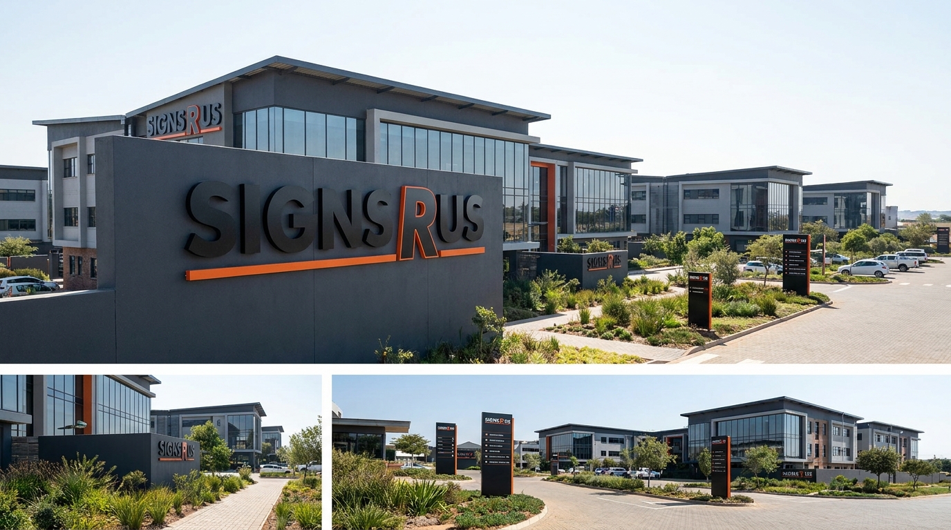 Large-scale corporate branding signage installed across multiple commercial buildings in a South African business park