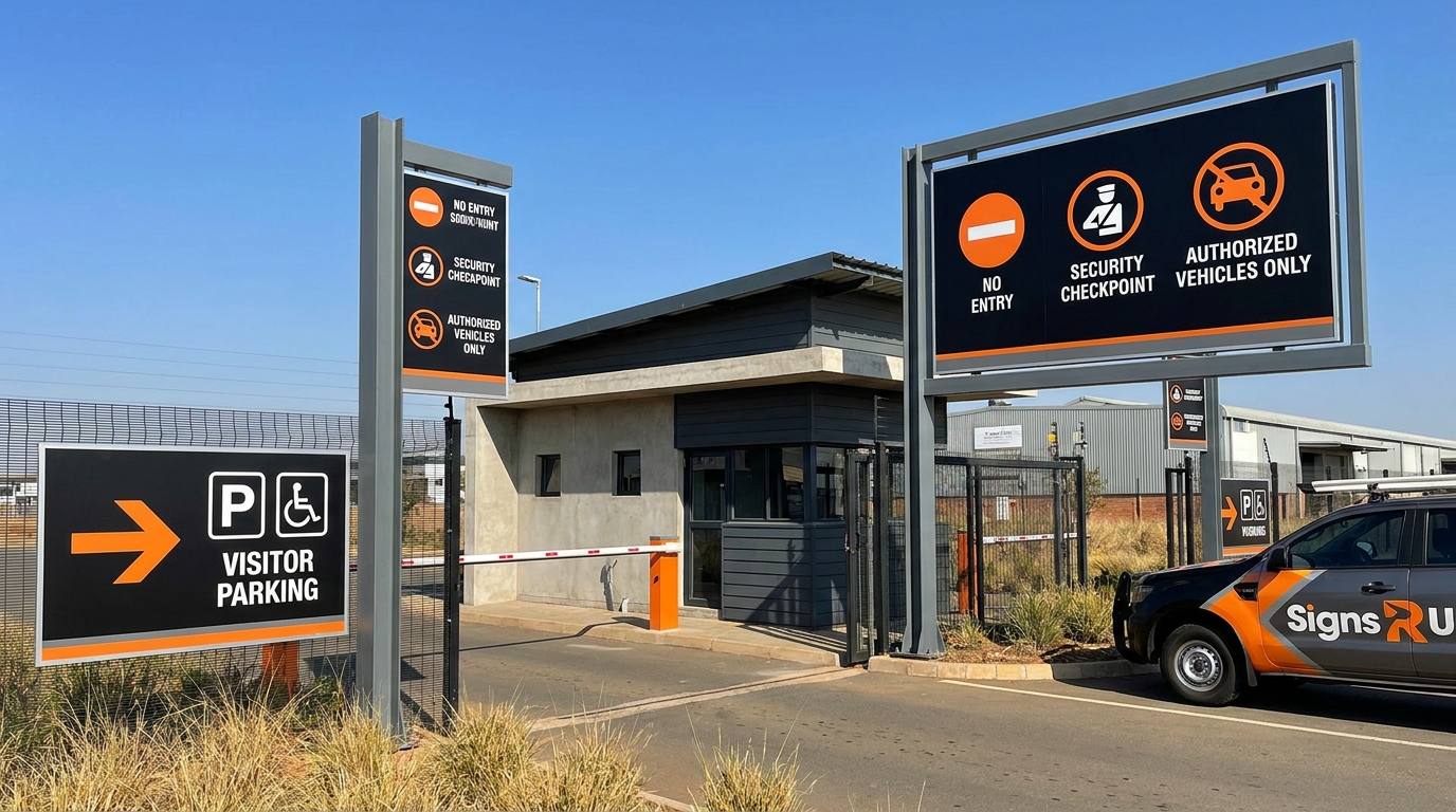 Security signage and access control signage installed at an entrance gate of a South African commercial or industrial