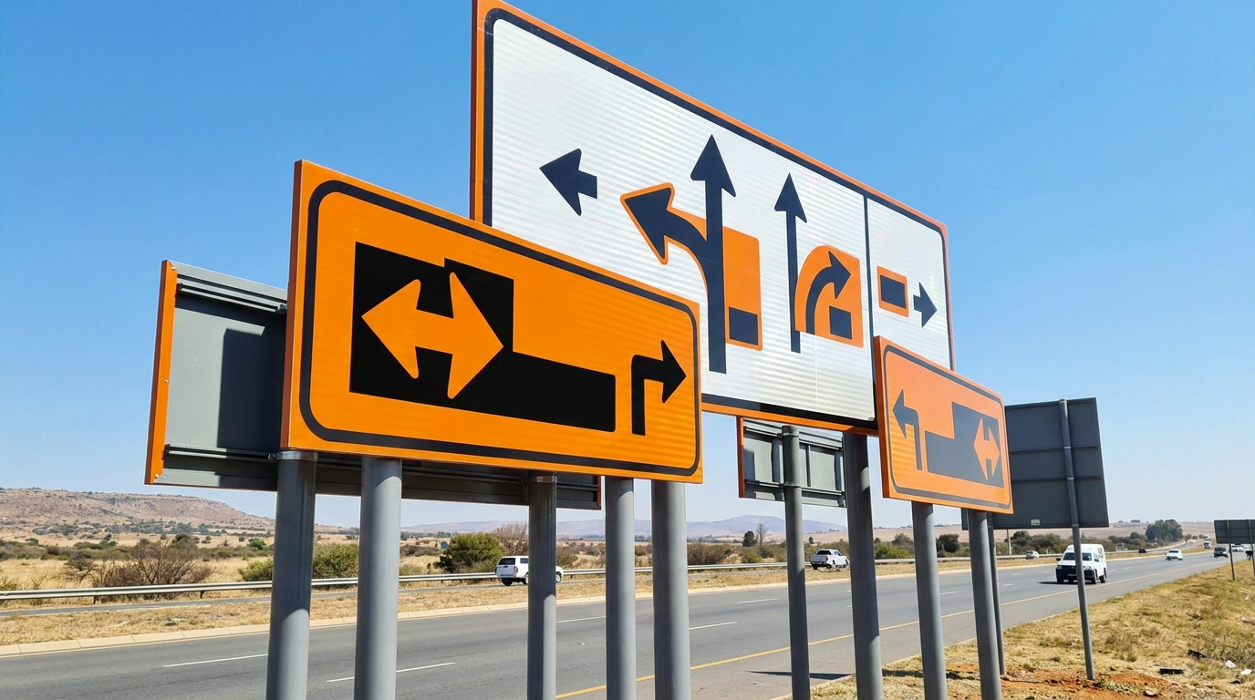 Professional road traffic signs manufactured and installed on a South African highway, bright natural daylight
