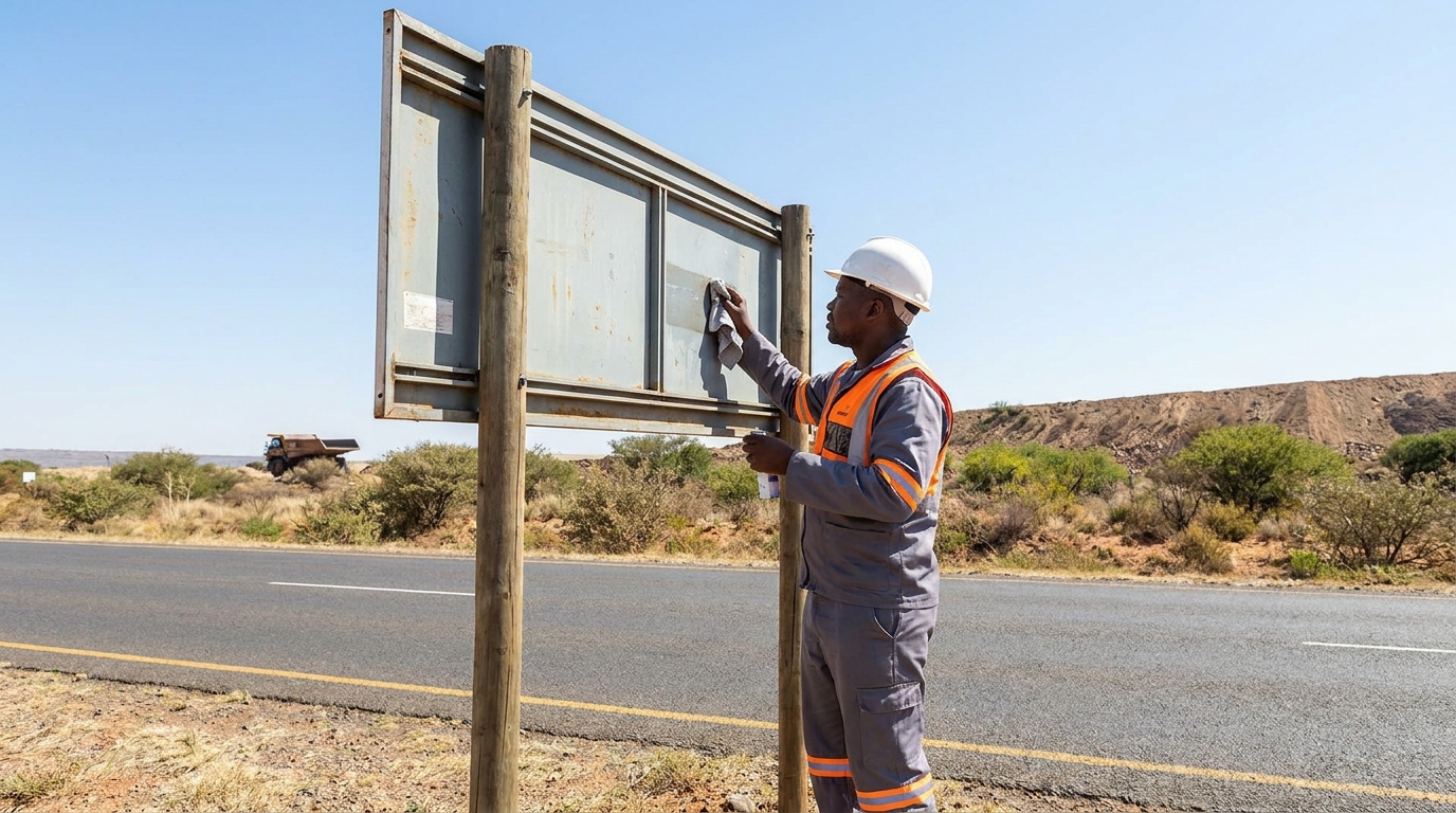Technician inspecting and cleaning a road or outdoor sign at a South African site