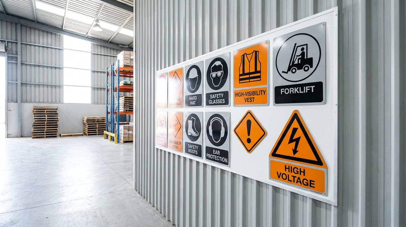 OHS safety signs displayed on an industrial wall in a South African warehouse or factory