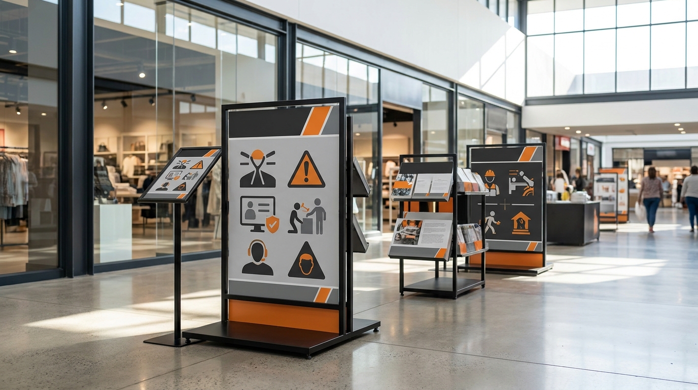 Point-of-sale promotional display stands and printed campaign signage in a South African retail environment