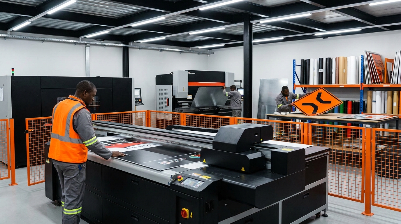 Signs R Us production team working on large format signage in a well-lit South African manufacturing facility