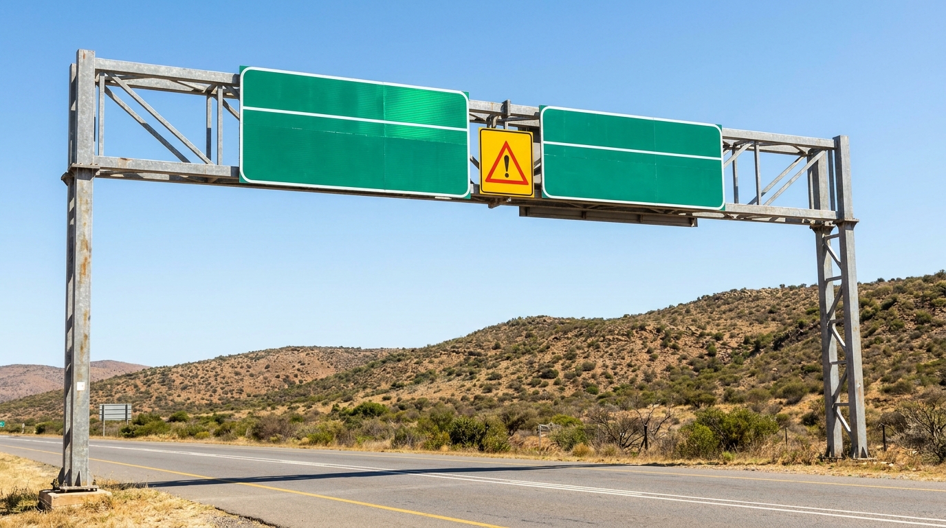 Reflective road traffic signs installed on a gantry or post along a South African road, bright daylight