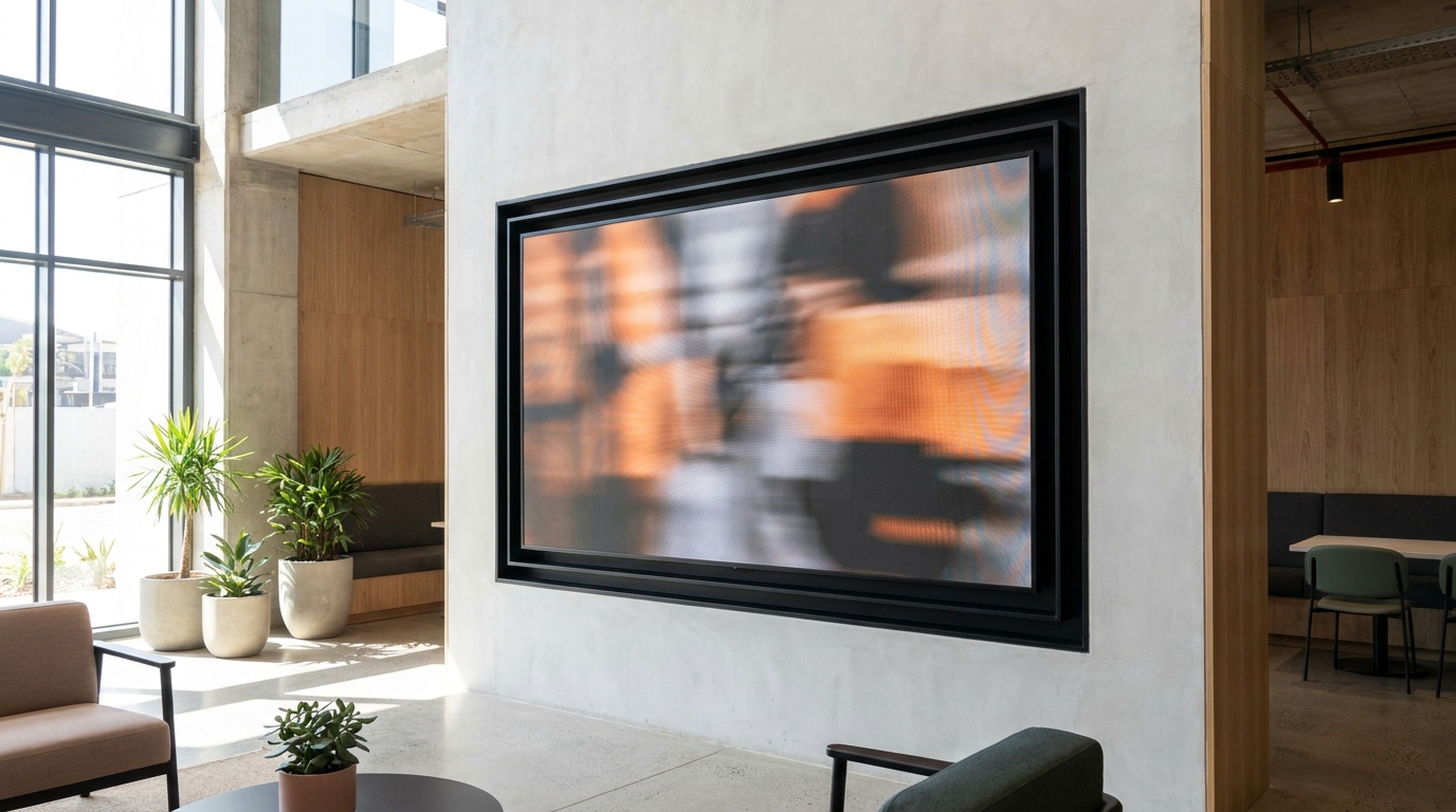 Dynamic digital display screen installed in a retail or corporate lobby in South Africa