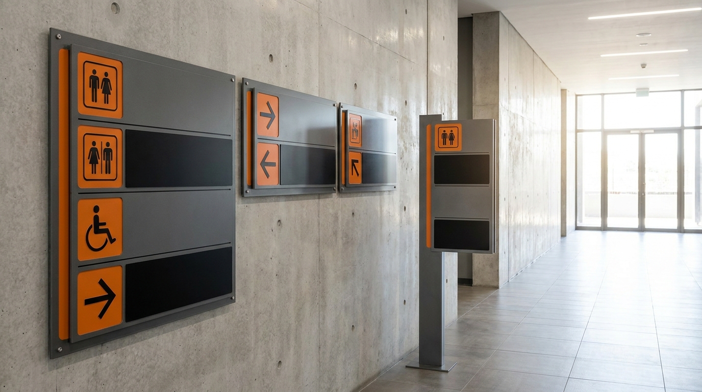 Wayfinding and directional signs installed inside a South African commercial or industrial building