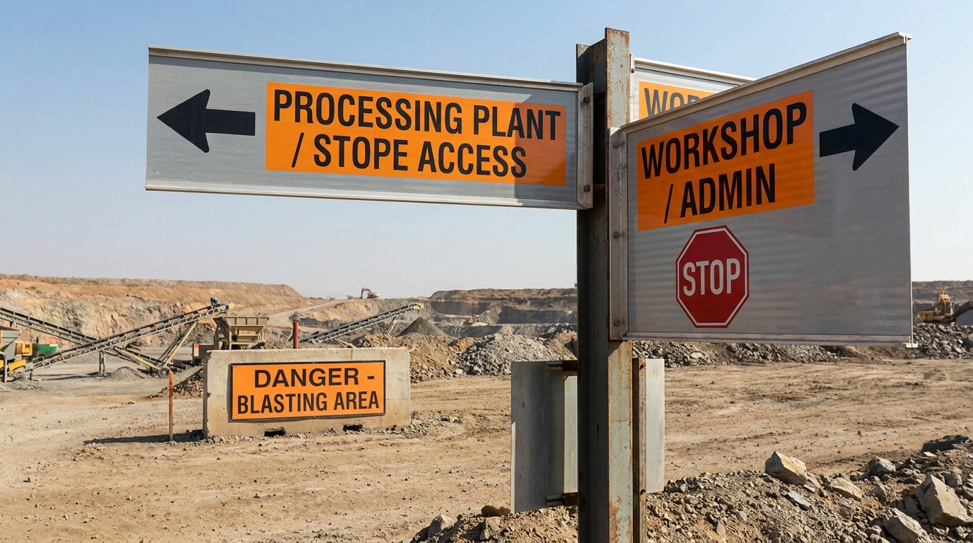 Directional and safety wayfinding signs installed underground or on surface at a South African mine site