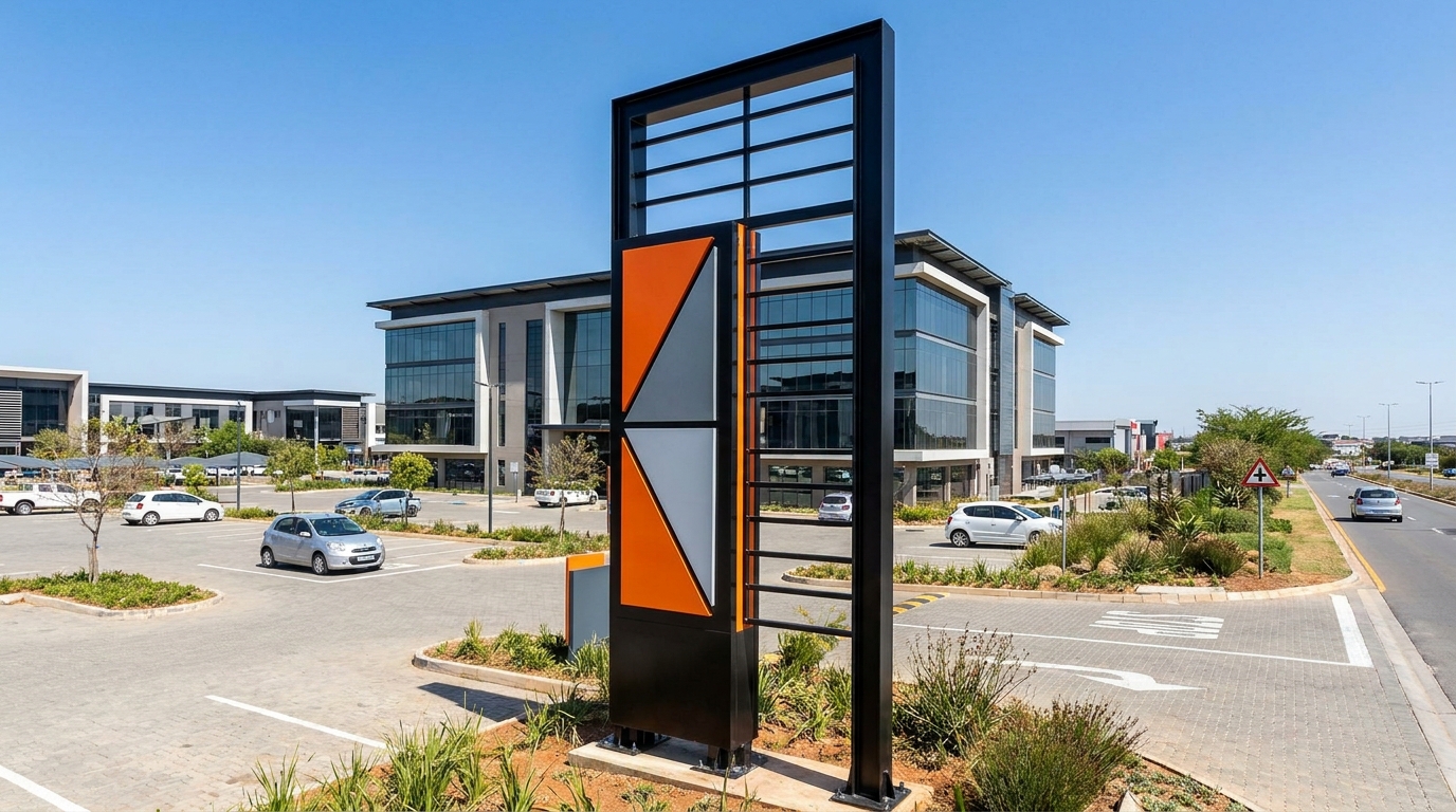 Large fascia board sign installed above a commercial business shopfront in South Africa, well-lit