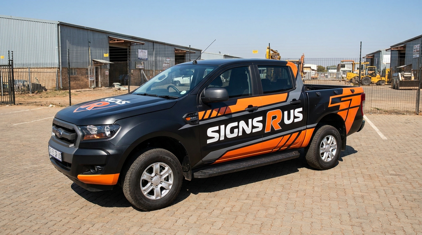 Branded commercial vehicle or fleet truck with full vinyl wrap livery parked outdoors in South Africa, bright daylight