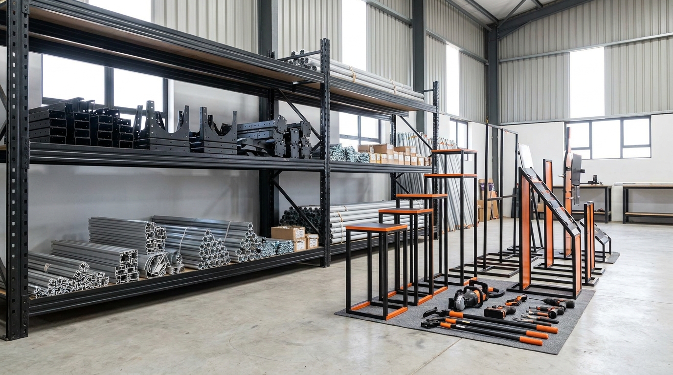 Signage mounting hardware, display stands and installation equipment arranged in a South African warehouse or supply store