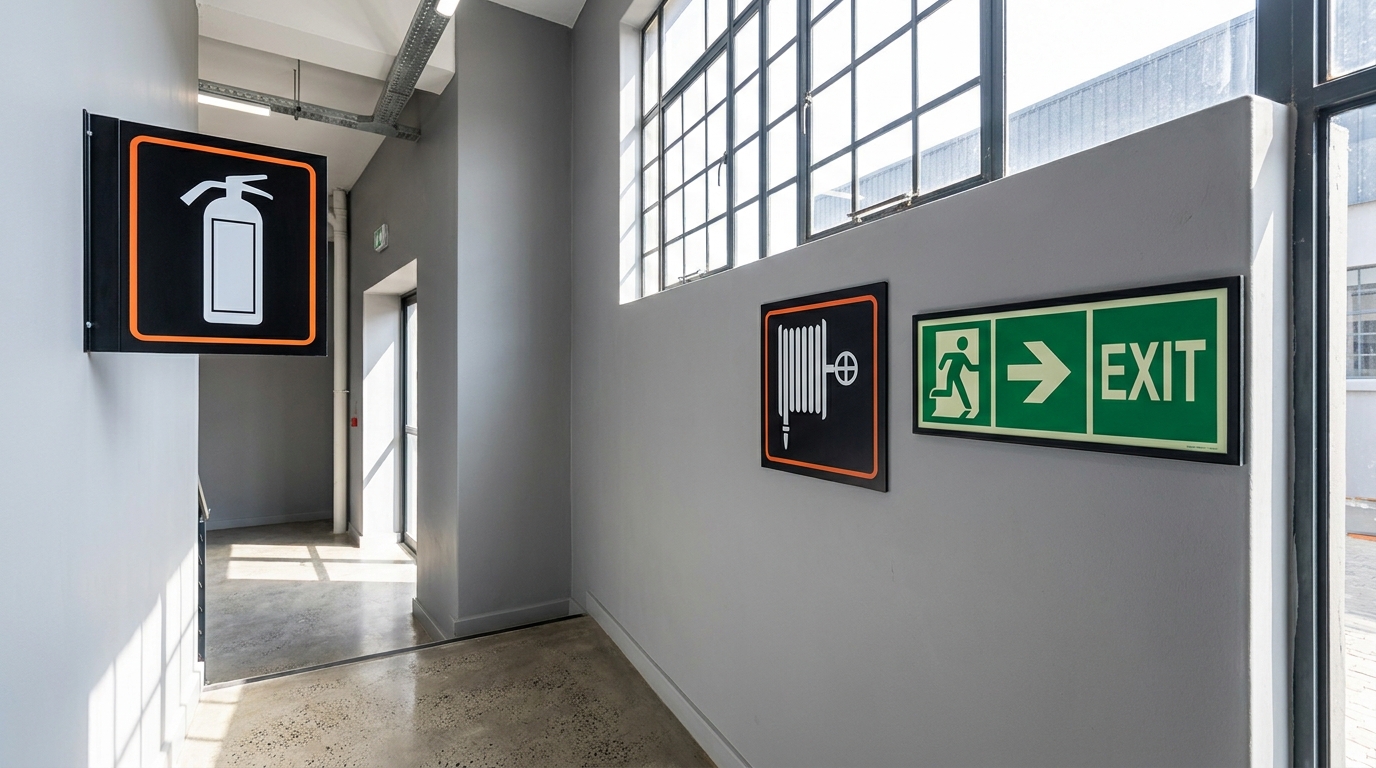 Commercial office building in South Africa with fire safety and emergency exit signs clearly displayed in corridors