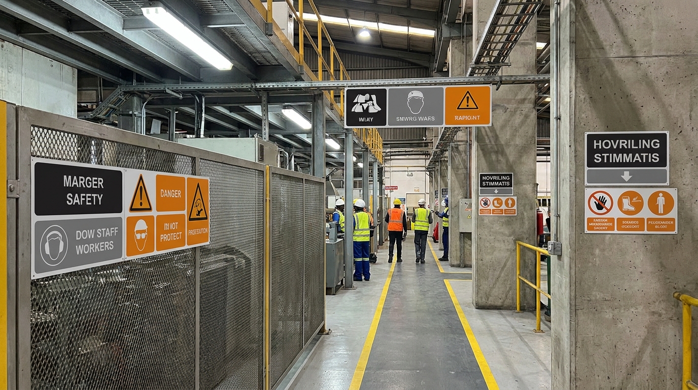 Industrial factory floor in South Africa with clearly posted safety signage on machinery and walkways