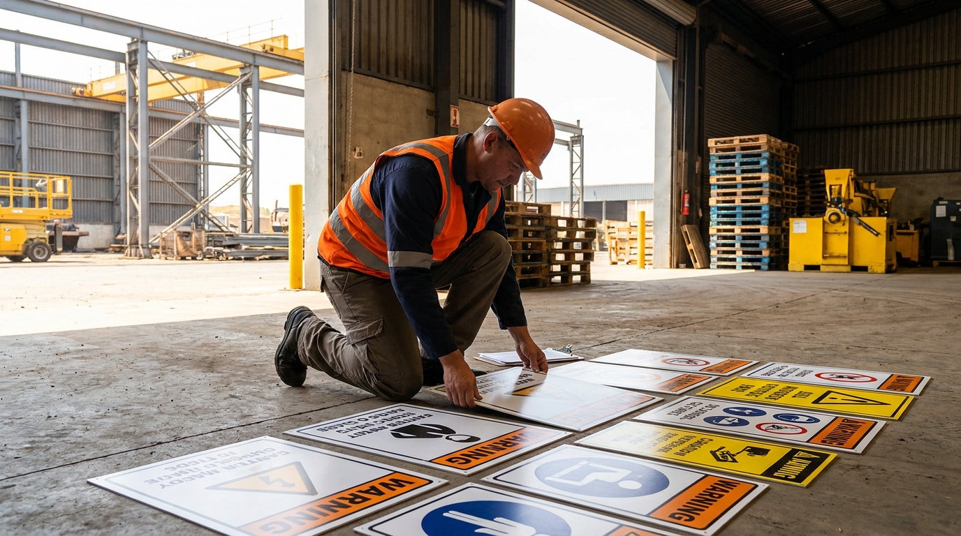 Safety officer reviewing custom OHS signage boards laid out for inspection at a South African industrial facility