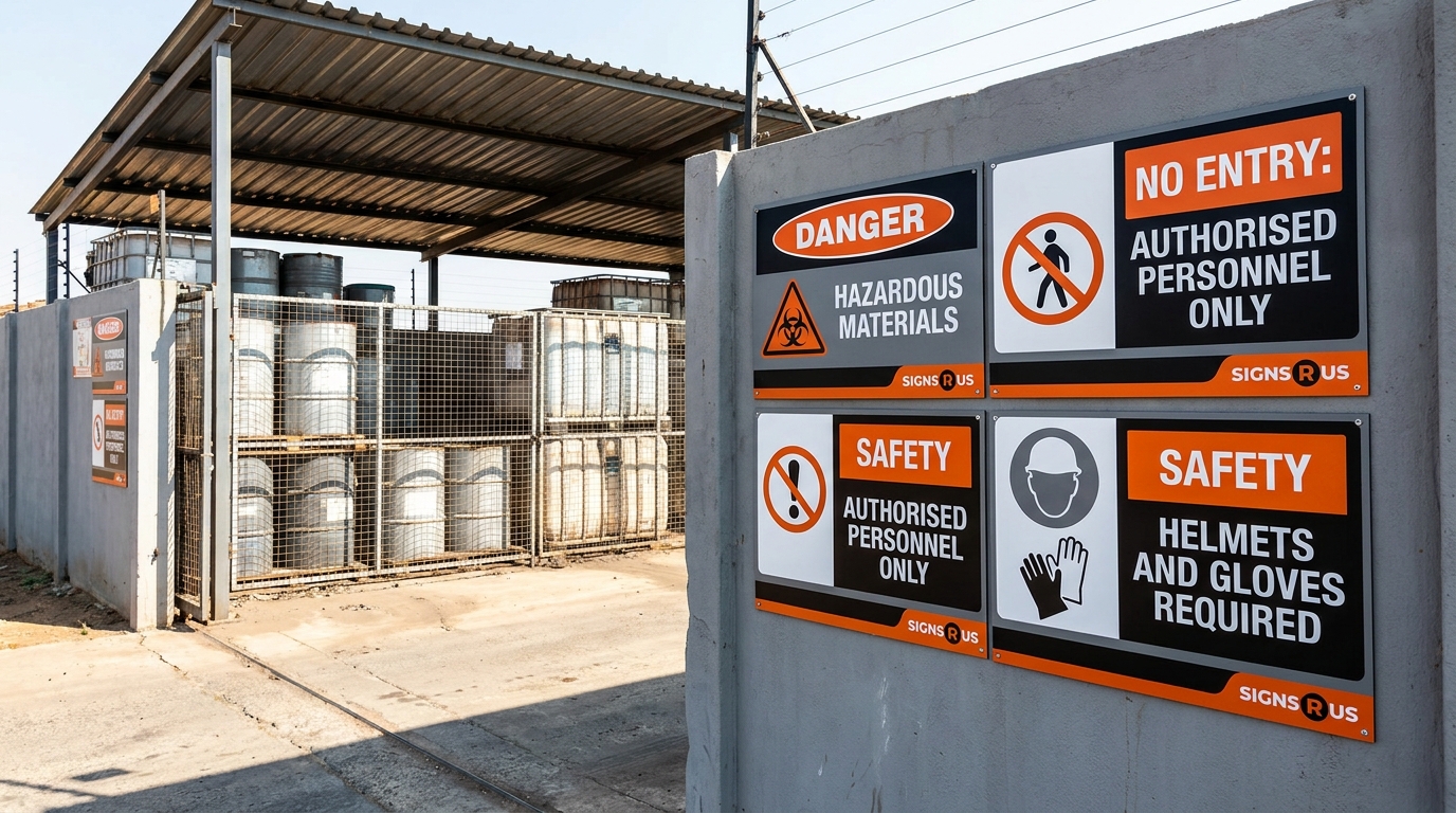Chemical or hazmat storage area with clearly posted danger and prohibition signs in South Africa, industrial setting