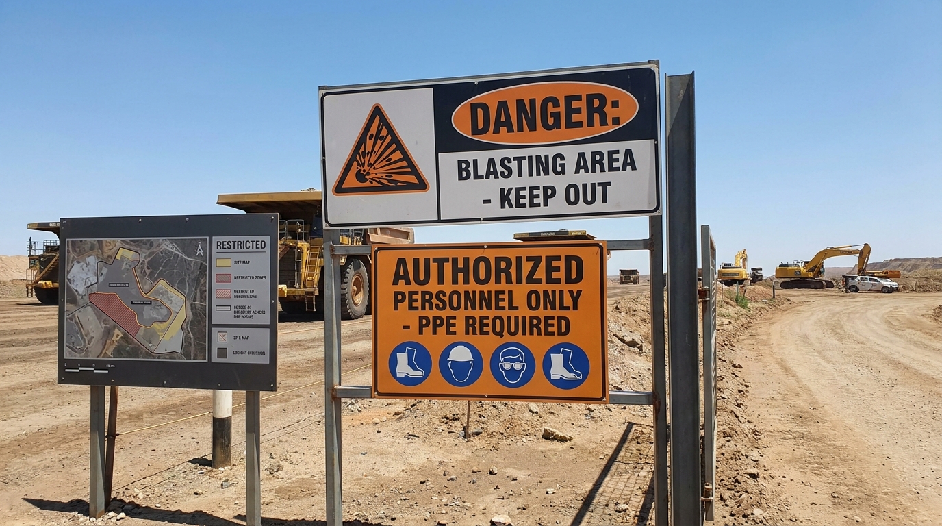 Safety and warning signs on a surface mining operation in South Africa, strong daylight, industrial setting