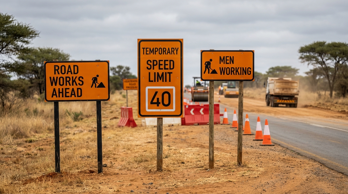 Road construction zone in South Africa with reflective safety and warning signs visible in overcast or low-light conditions
