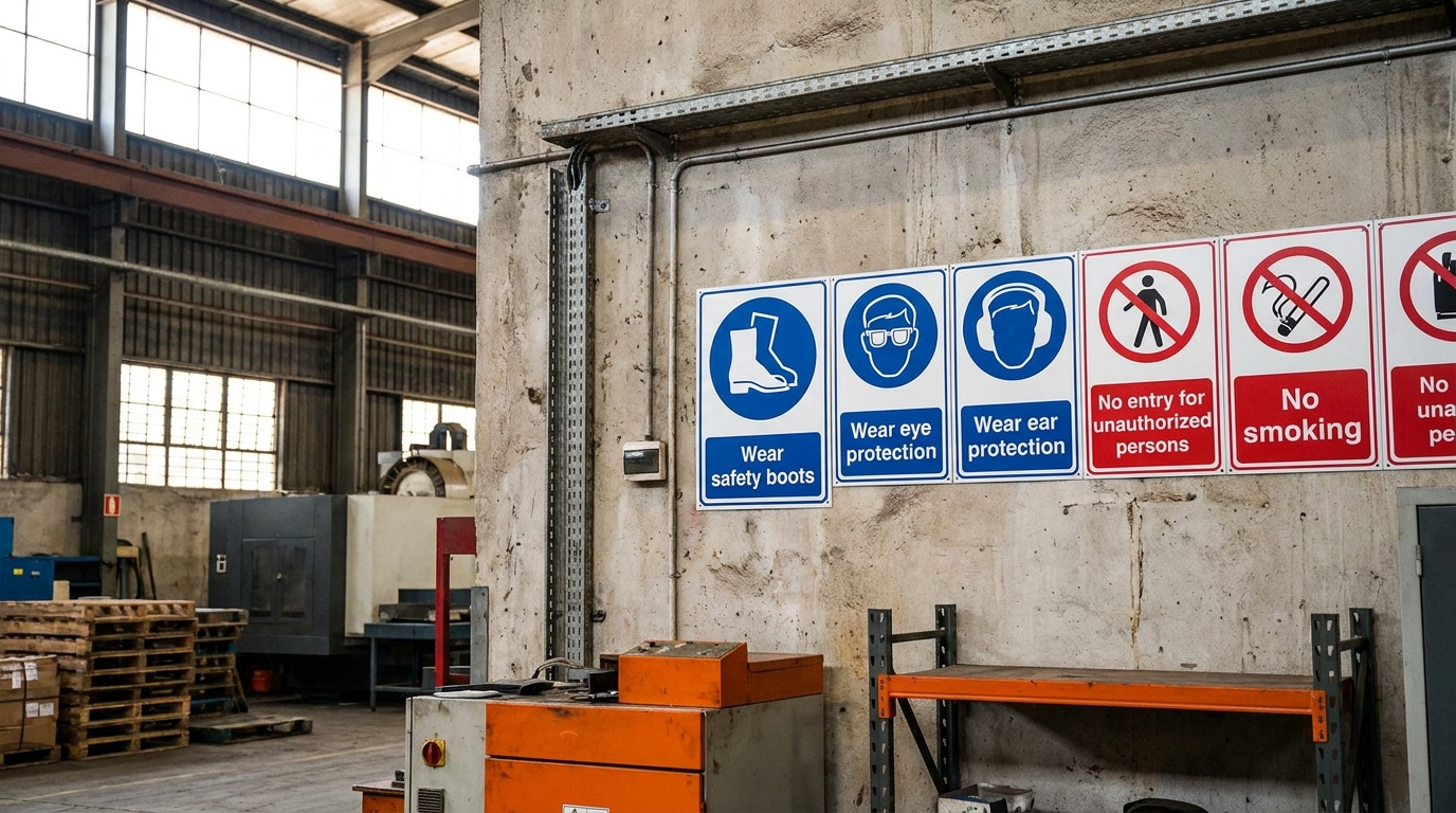Close-up of a mandatory safety sign and prohibition sign mounted on a wall inside a South African warehouse