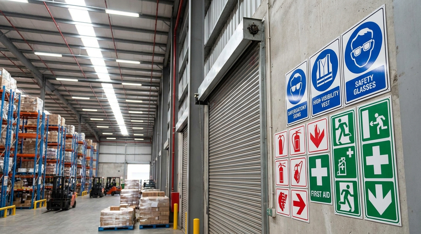 OHS safety signs mounted inside a South African warehouse facility, clear and bright environment