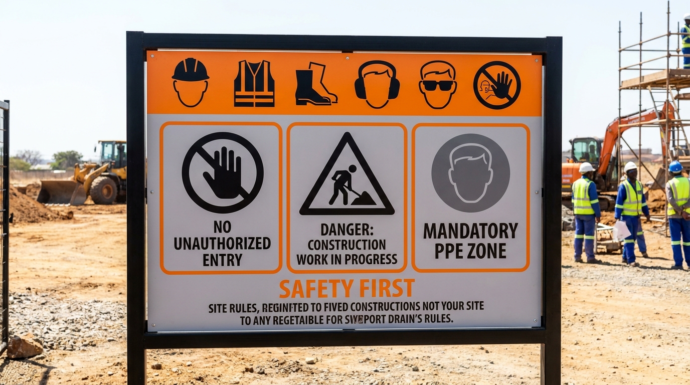 Safety signage installed at the entrance of an active South African construction site, bright daylight