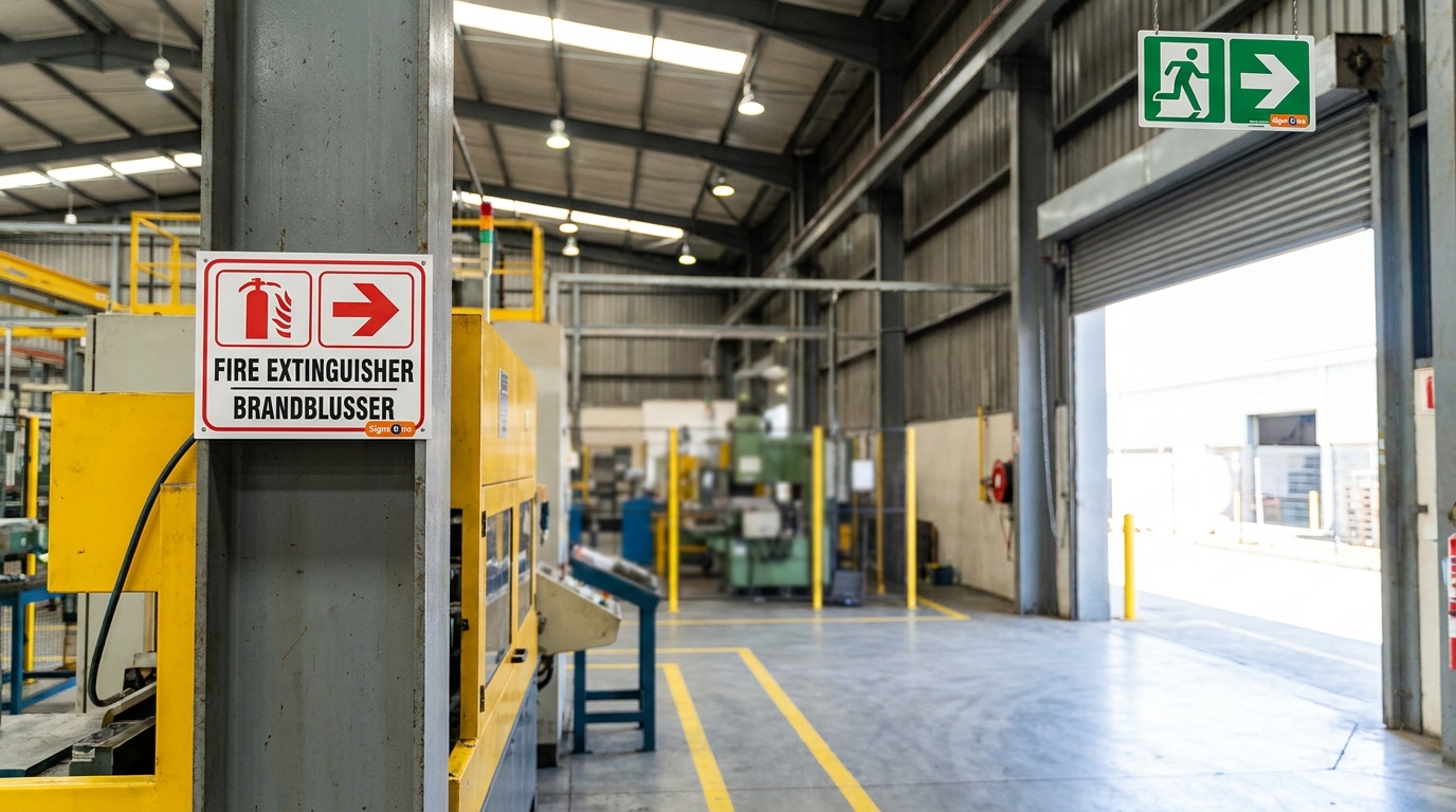 Indoor factory in South Africa with fire safety and emergency exit signs clearly posted near exits and machinery