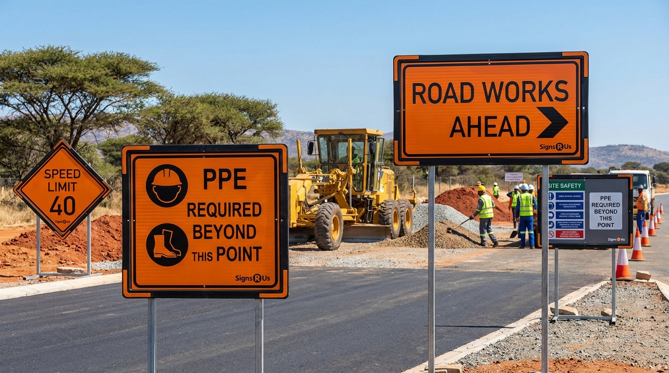 Municipal infrastructure site in South Africa with road and safety signage in place, bright daylight