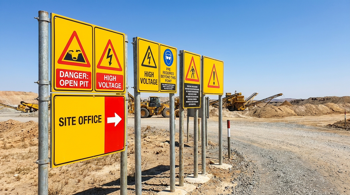 Outdoor OHS warning signs on poles at a South African mine site, bright daytime conditions