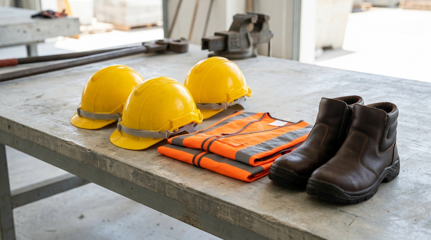Selection of PPE equipment including hard hats, high-visibility vests and safety boots laid out neatly on a work surface