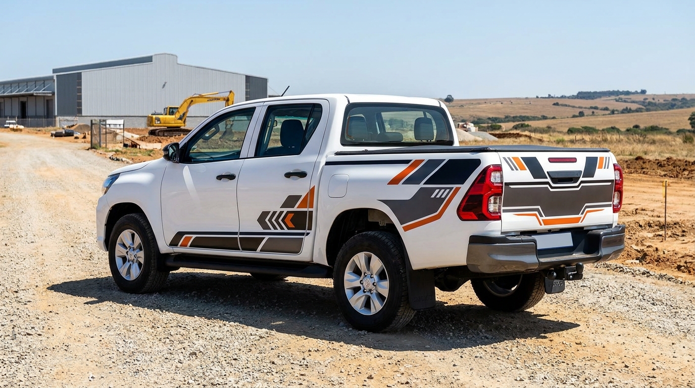 Branded bakkie with company vinyl graphics on doors and tailgate, parked on a South African road