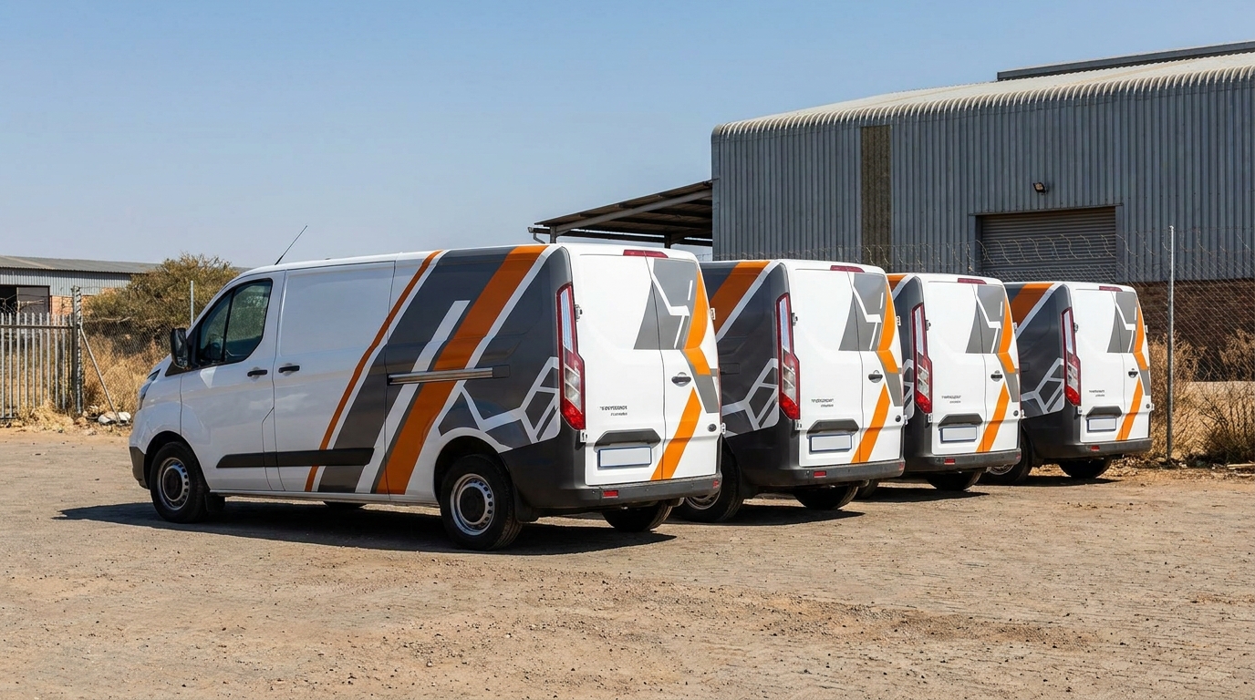A row of uniformly branded fleet vehicles with matching livery in a South African company yard