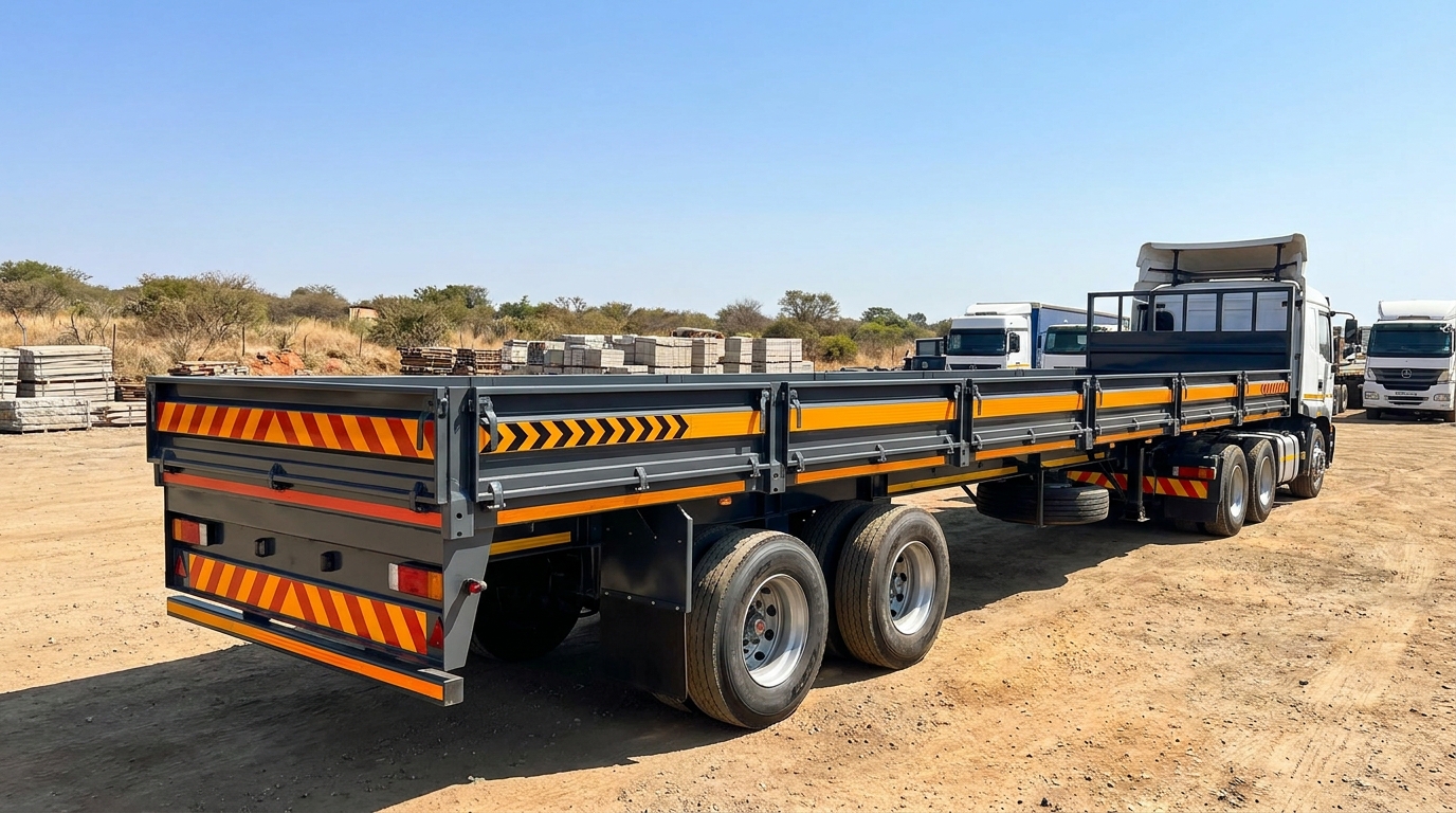 Branded trailer with reflective markings and vinyl graphics in a South African transport yard