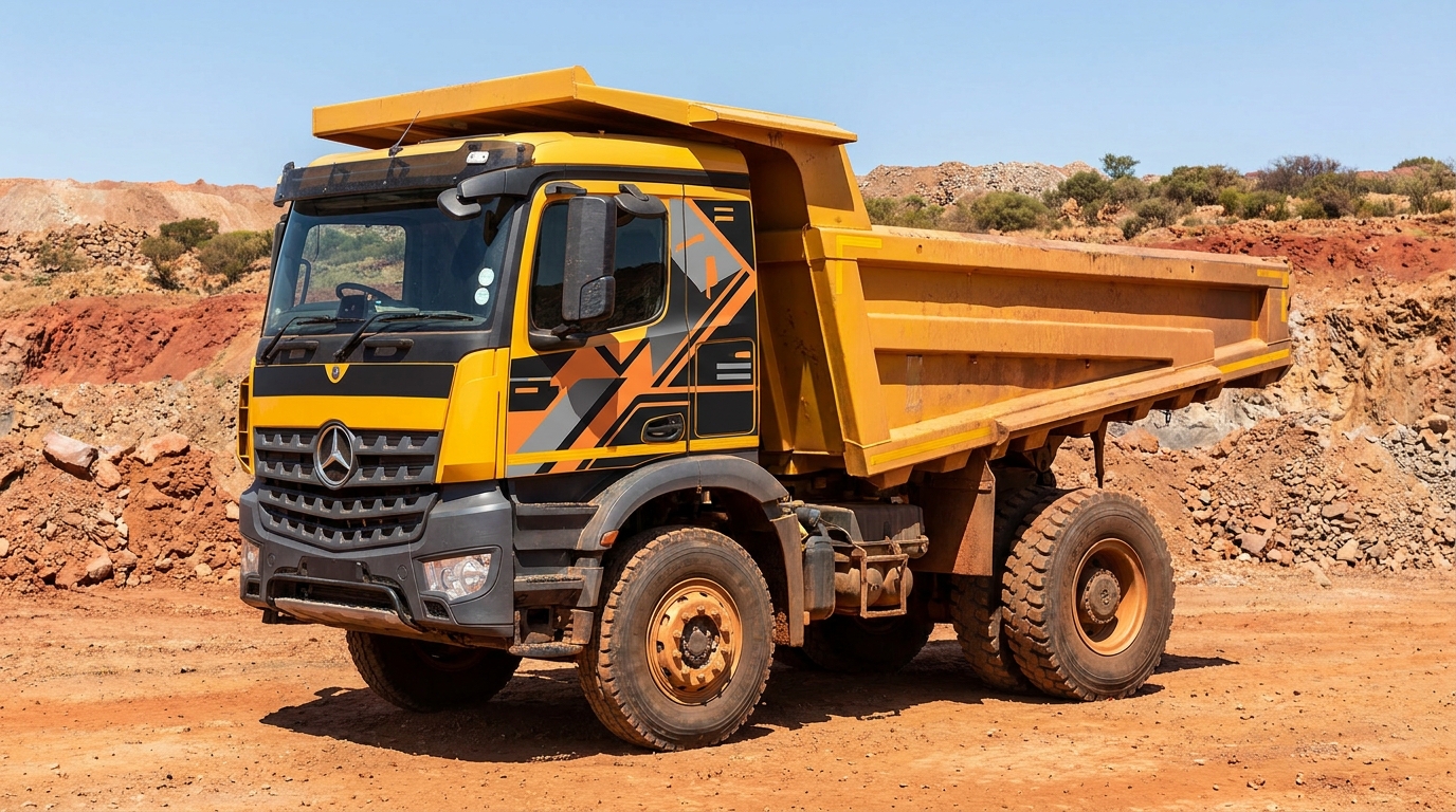 Branded construction or mining site vehicle with company graphics, South African industrial site