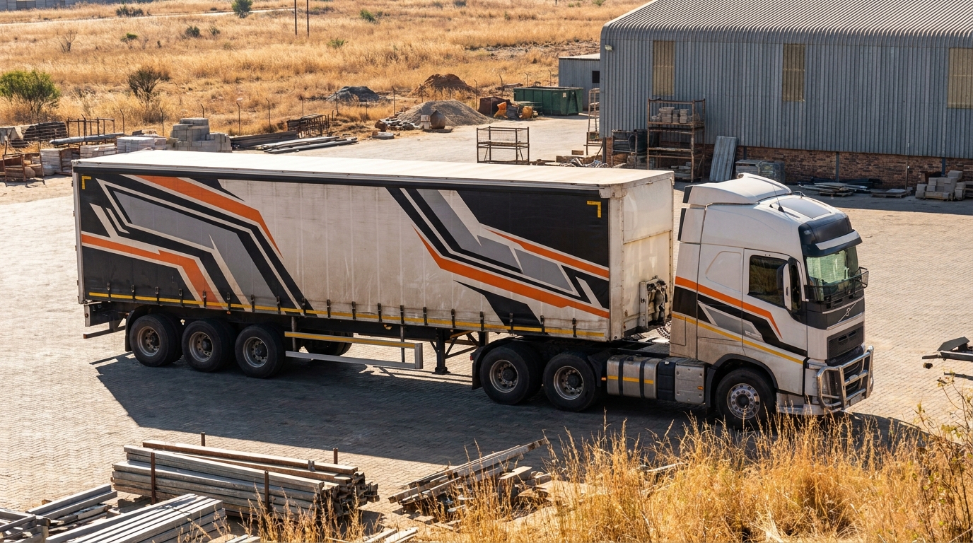 Branded truck with large format vehicle graphics on the side panels, South African highway setting