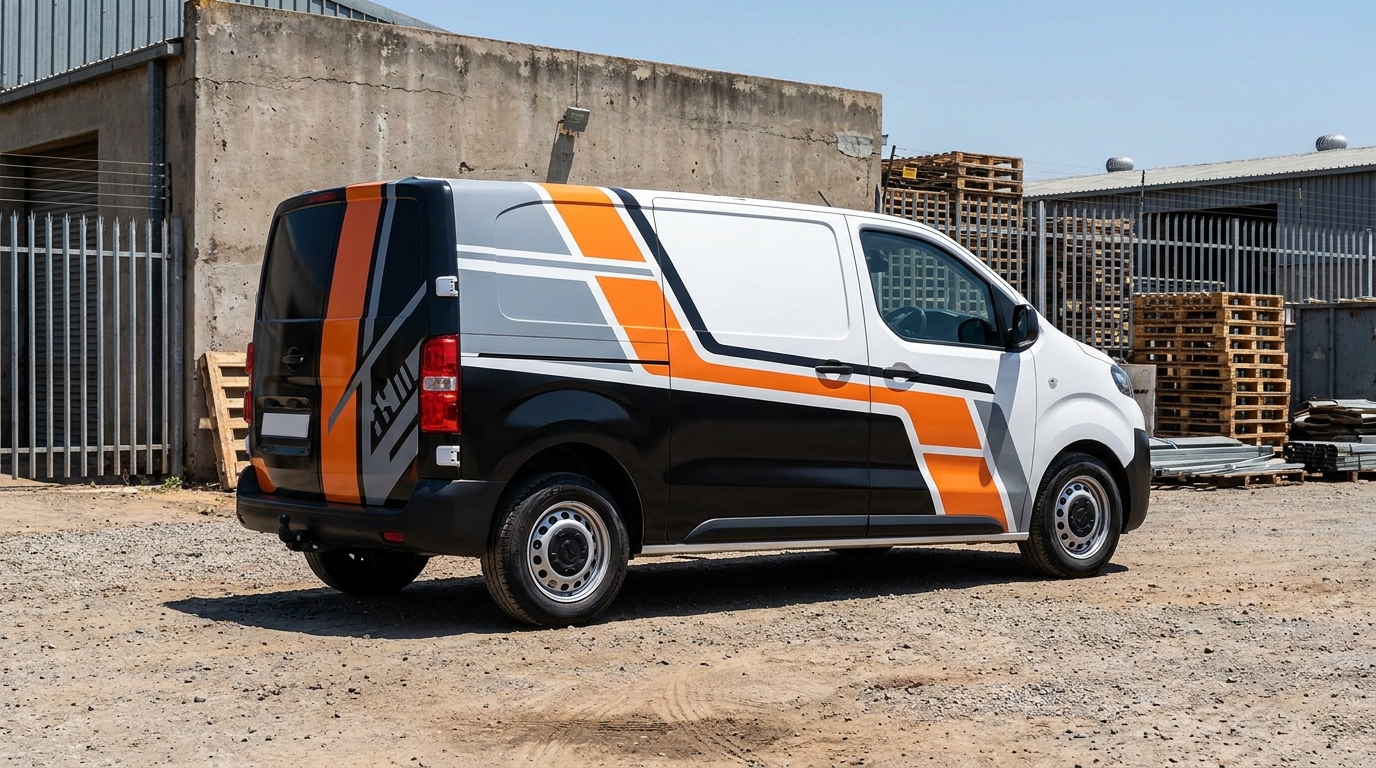 Branded panel van with full vinyl wrap livery in a South African commercial yard