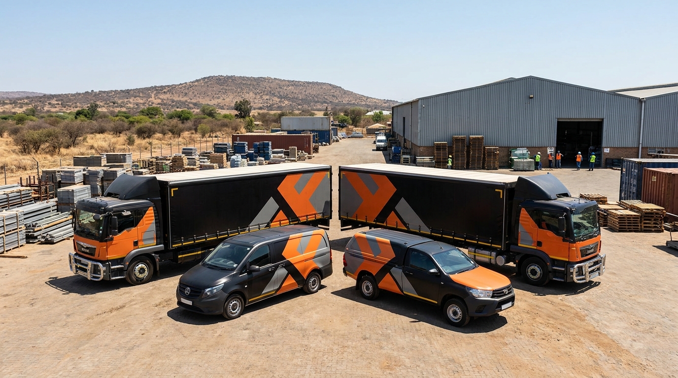 Fleet of branded vehicles at a South African logistics or construction company depot, consistent livery across all units