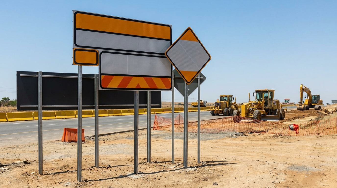 Reflective security signage on a South African road or infrastructure project