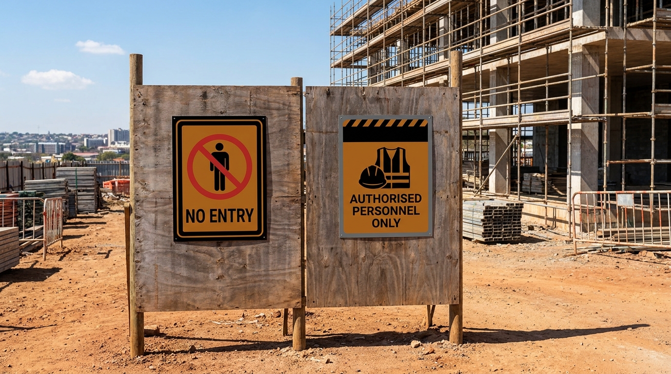 Access control and site safety signs on a South African construction site