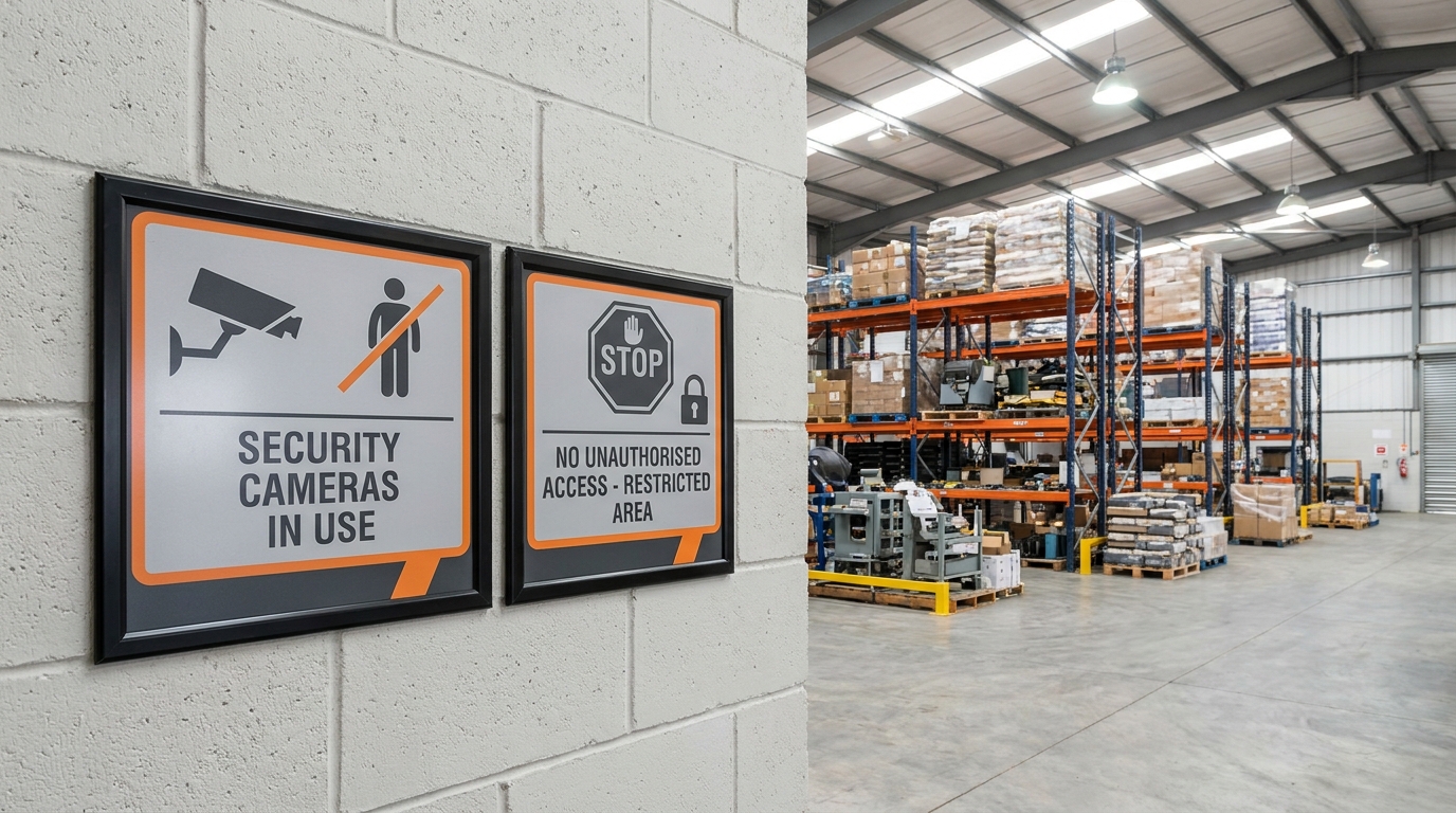 Indoor security signage inside a South African warehouse or factory
