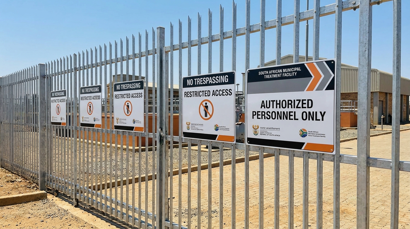 Perimeter security signs at a South African government or municipal facility