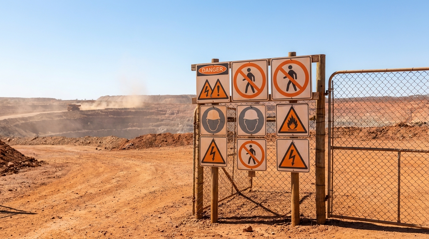 Security signage at the entrance of a South African mining operation