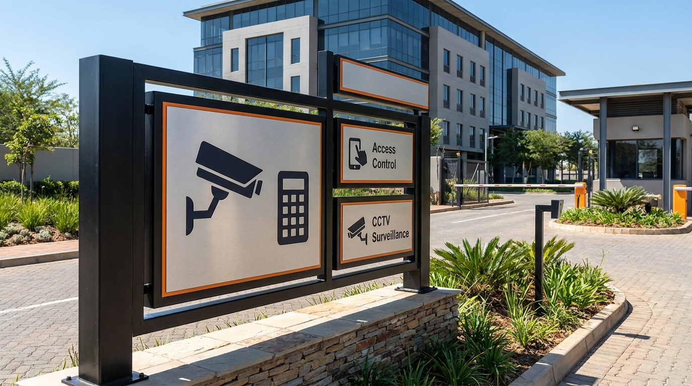 Security signage at a secured South African corporate office park or commercial property