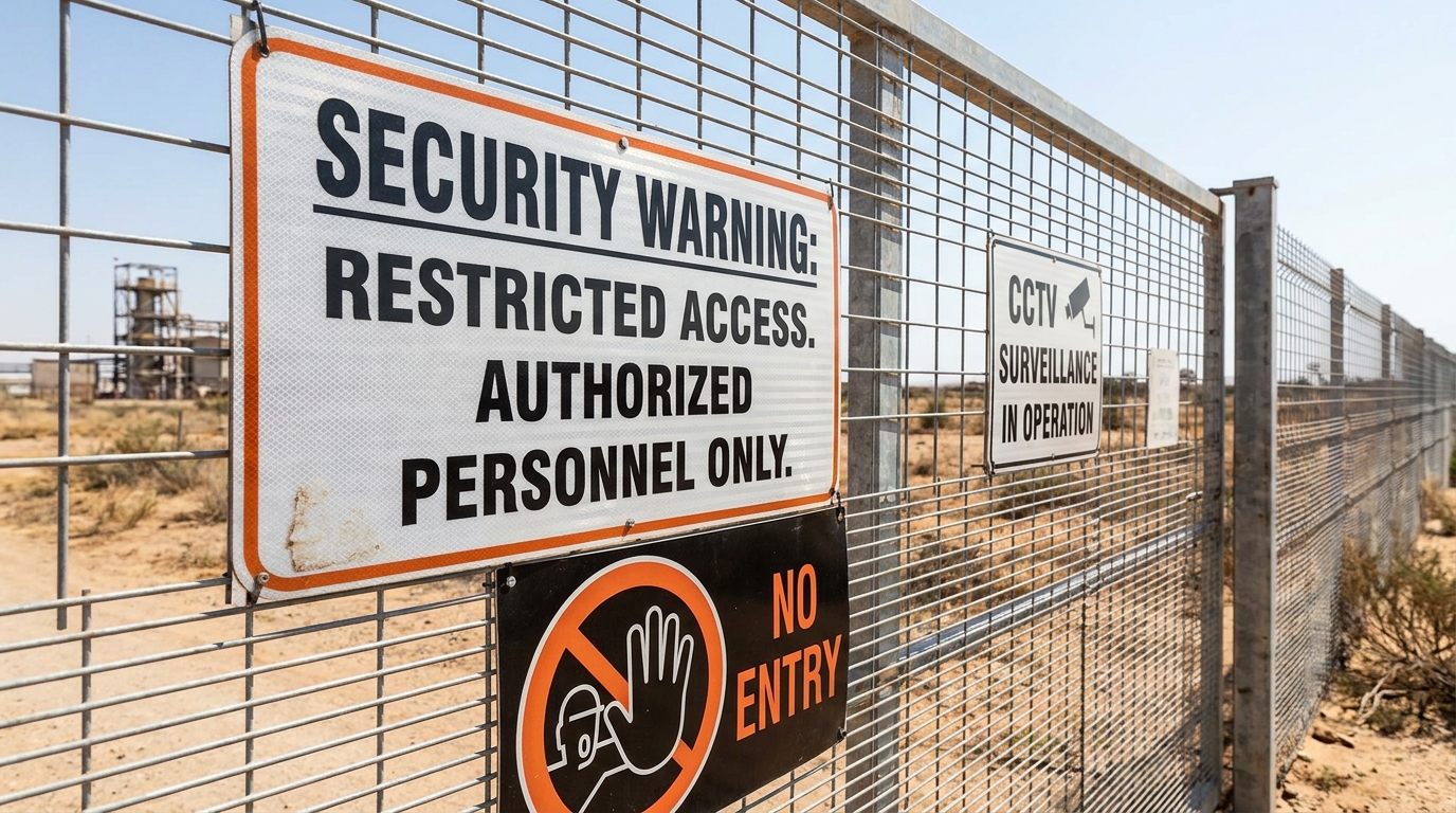 Security signage installed at the entrance of a South African industrial facility, bright natural lighting