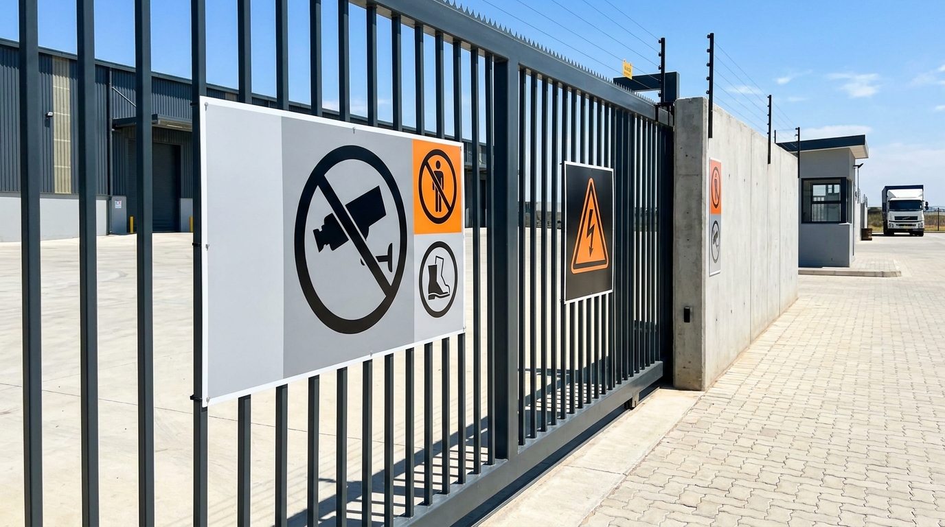 Security signage at a South African commercial warehouse or logistics facility
