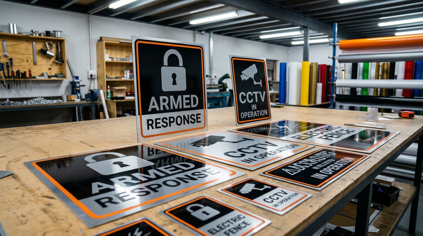Custom security signage being fabricated in a South African sign manufacturing facility