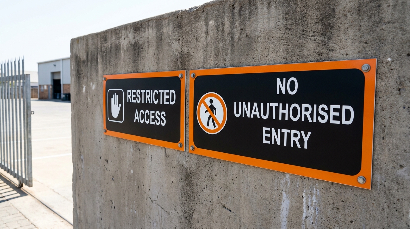 Close-up of professionally manufactured restricted access and no unauthorised entry signs in South Africa