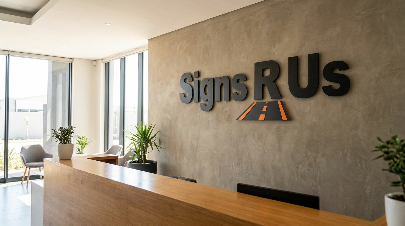 Branded reception area with dimensional wall lettering and corporate logo signage inside a South African commercial office