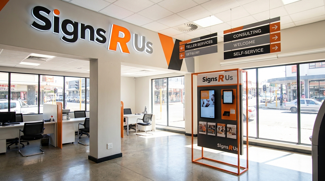 Retail branch or bank branch interior branding with signage and wayfinding