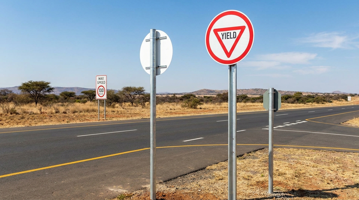 Completed road traffic signs installed on a South African roadway, professional and clearly visible
