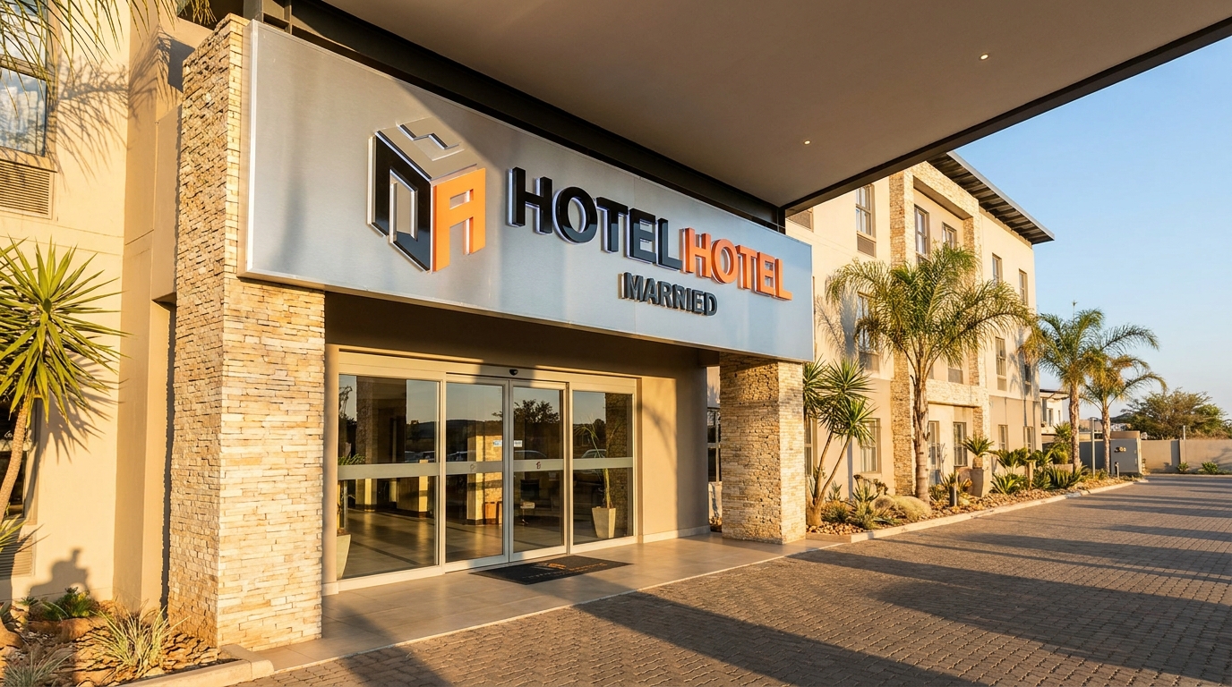 Hospitality or hotel entrance with exterior branding signage in South Africa