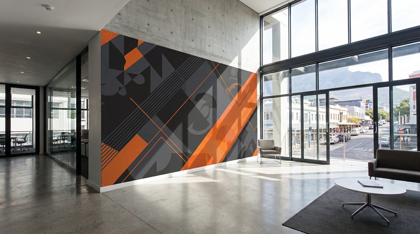 Indoor office wall branding with company logo applied in a South African corporate space